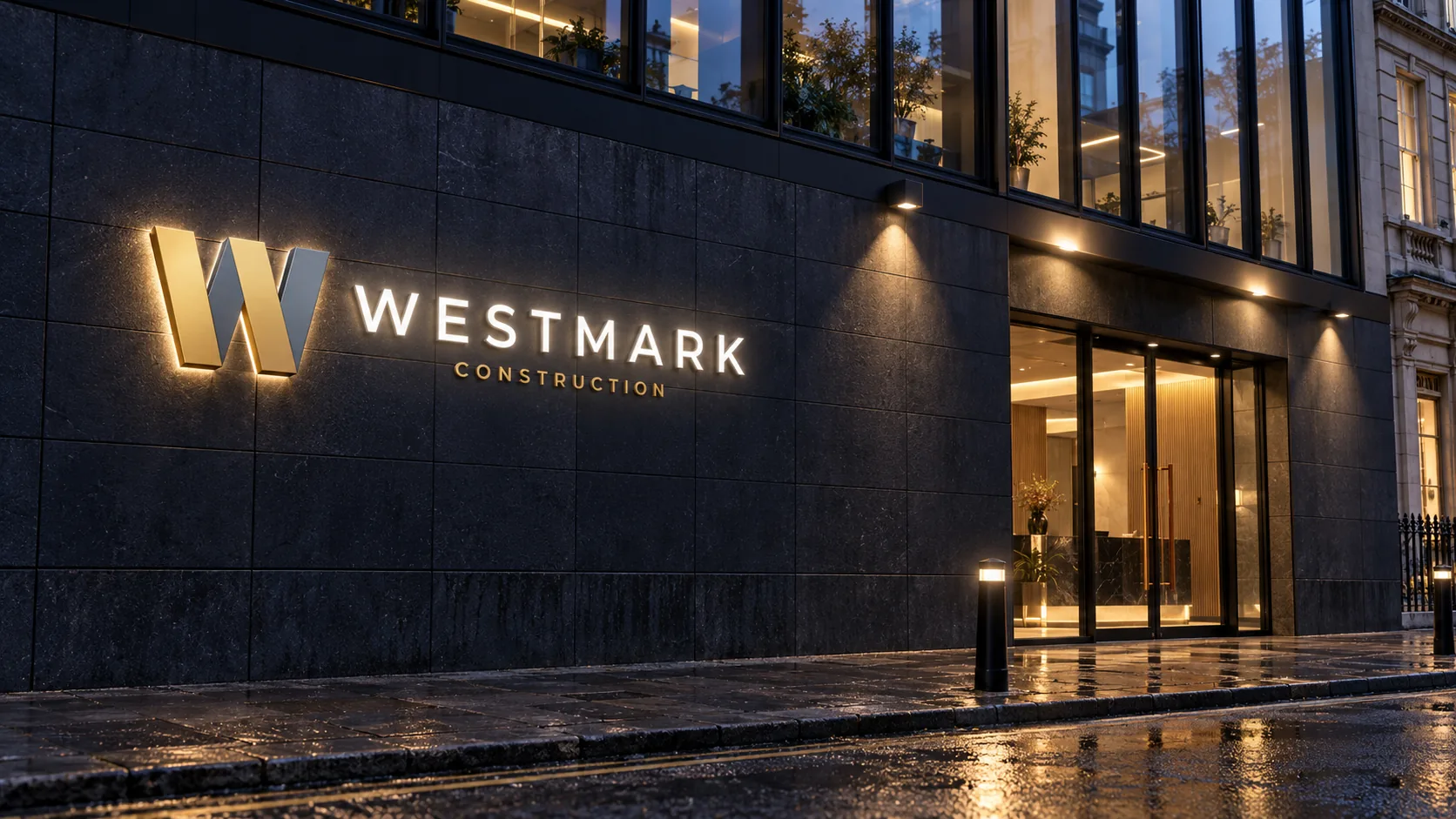 Illuminated Westmark sign on a dark stone building entrance at night