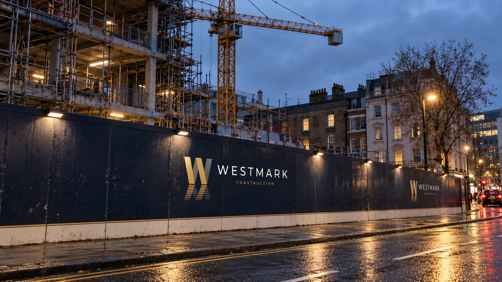 Westmark site hoarding beside a building under construction on a London street at dusk