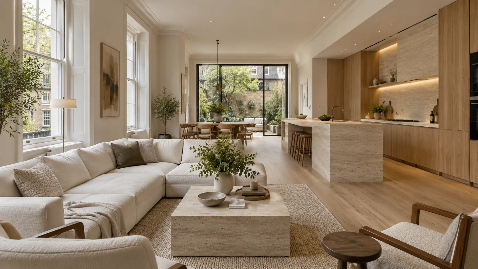 Open-plan living room and kitchen in a refurbished London townhouse